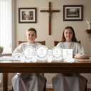 Rakuto First Communion Party Decorations, 100PCS First Holy 1st Communion Disposable Paper Plates and Napkins Table Decoration, God Bless Baptism Silver Floral Paper Cup Decor for Christening Church
