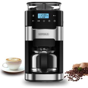 HOMOKUS 10-Cup Coffee Maker with Grinder, Touch Screen, Automatic Brew, Warming Plate, 1.5L Water Tank, Removable Filter