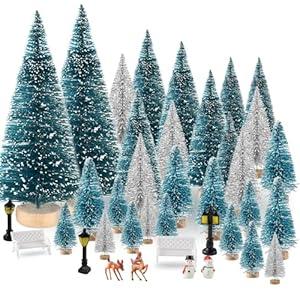 BOUBONI Mini Christmas Tree 35PCS Christmas Village Sets with Crafts Reindeer Snowmen Benches Street Lamp for Xmas Decorations Indoor Party Home Table Craft (Dark Green, Silver)