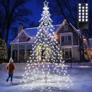 Lomotech Christmas Tree Lights - 10Ft 404 LED with 7.08" Topper, Remote Controll Waterproof Iron Pole Waterfall Lights for Outdoor Christmas Decorations (White)