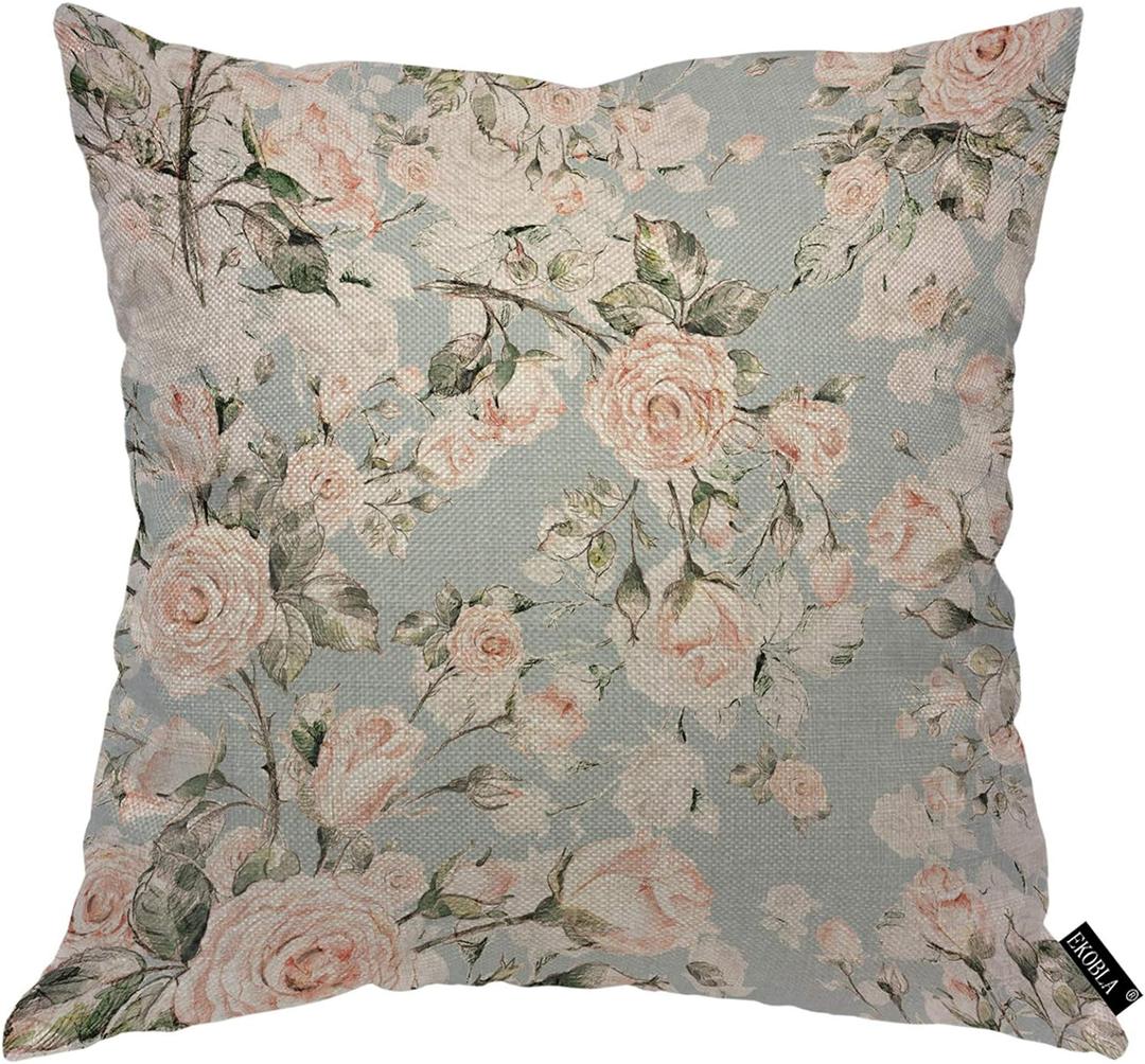 EKOBLA Watercolor Rose Throw Pillow Cover Vintage Flower Bud Garden Plants Elegance Botanical Cozy Square Cushion Case for Men Women Boys Girls Room Home Decor Cotton Linen 18x18 Inch (Multi-a241)