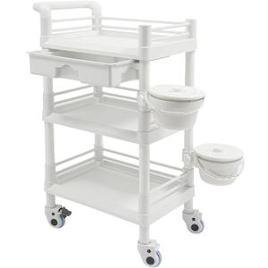 3-Tier Mobile Storage Cart with Drawer & 2 Garbage Baskets - Movable Beauty Organizer for Salon, Spa, Clinic - Sturdy ABS Material, 176lbs Load Capacity, Modern Design (White) (White)
