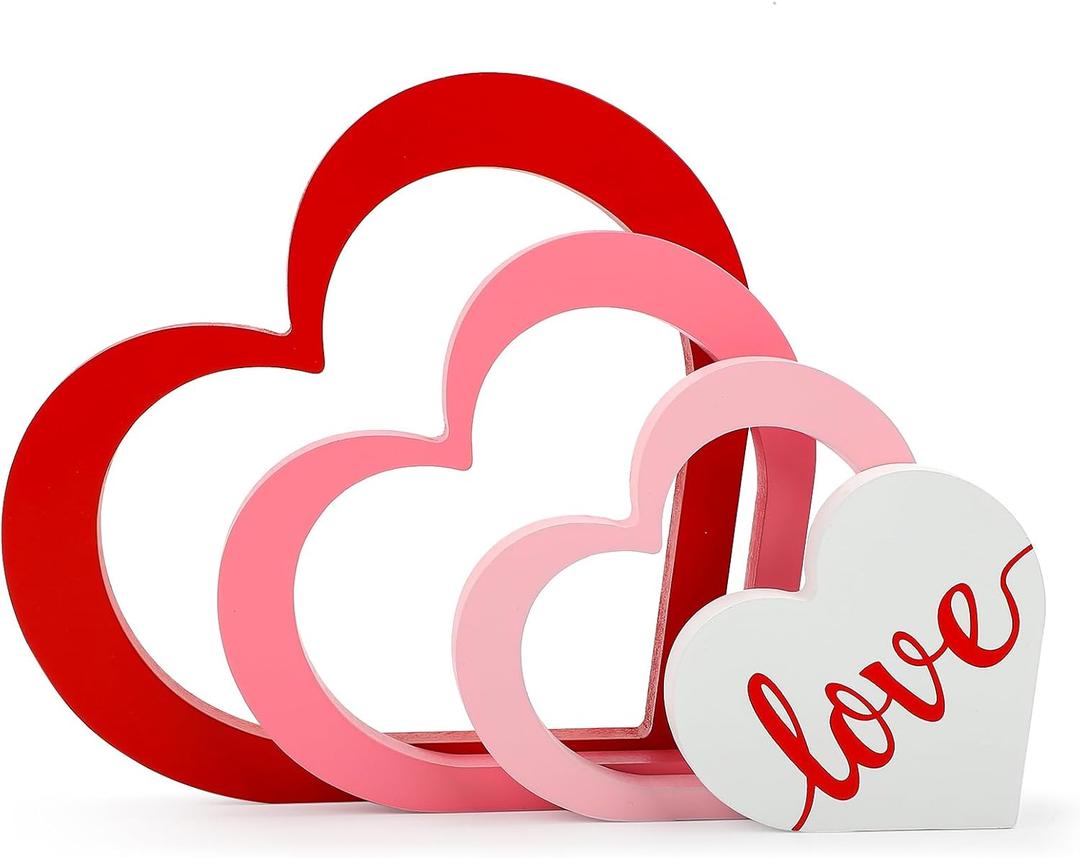 COCHIE Wooden Hearts Valentine's Day Decorations Indoor, Wood Heart Blocks Tiered Tray Decor Set of 4, Red Pink White Valentine Decoration for Table Desk Home Party Office Shelf Door (Solid Color)