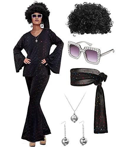 Jexine 70s Women Disco Outfit Costume Disco Party Top Pants Sunglasses Ball Necklace Earring Wig for Halloween New Year Eve(Black,XX-Large)