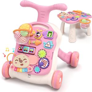 QDRAGON 3 in 1 Baby Walker and Activity Center for Girl, Learning to Walk, Sit to Stand, Early Educational Push Toys with Music Panel for Infant Toddler 12+ Months Pink
