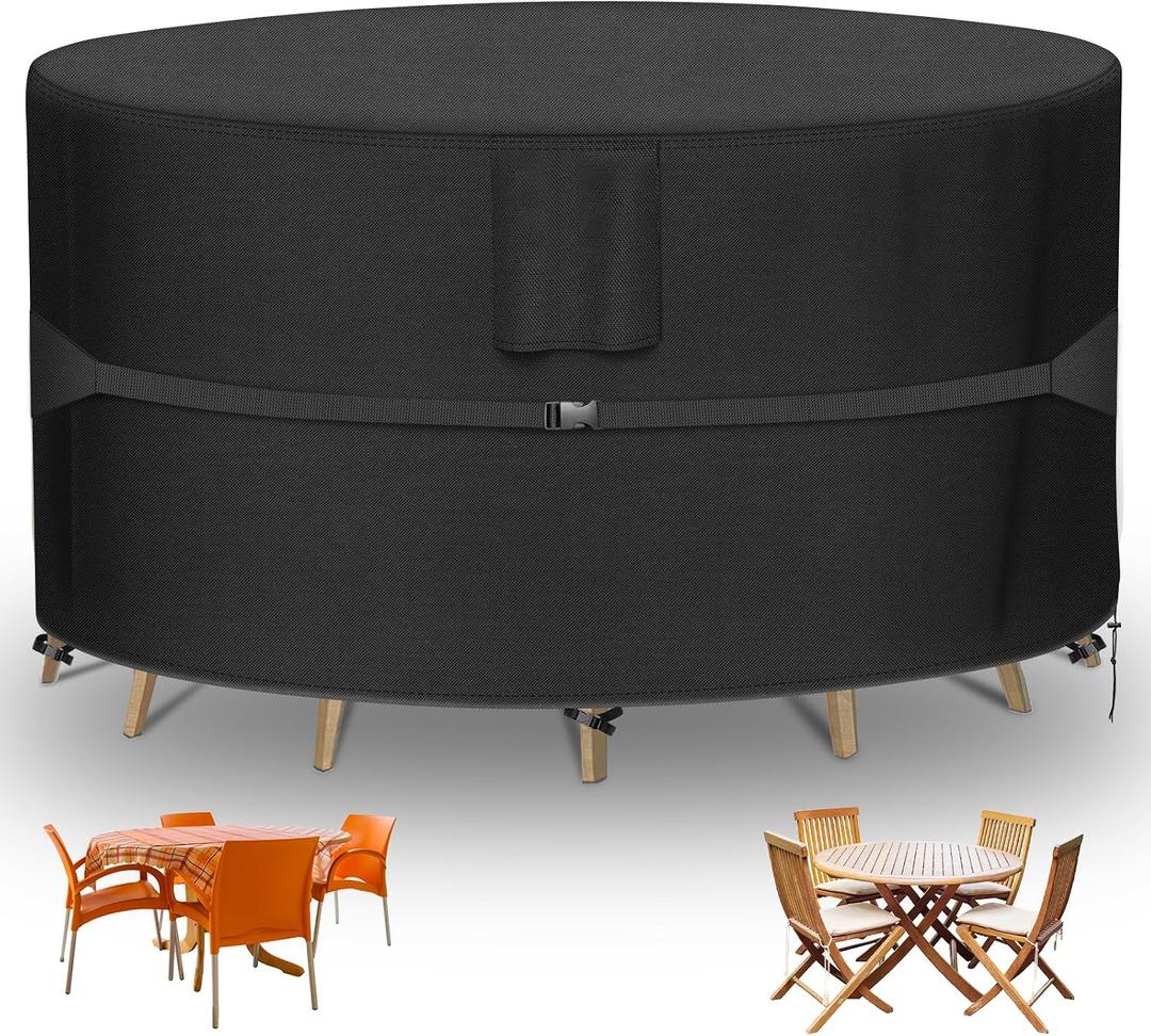 RICHIE Round Patio Furniture Covers - 600D Heavy Duty Waterproof Outdoor Table Cover, Lawn Furniture Set Covers for Dining Table and Chairs Seating 62"DIAx28"H