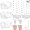 Pegboard Basket Organizers, Peg Board Large Baskets Hooks Bins Cups Tool Organizer 42 Pack Set, Wall Storage Display Hanging Accessories for Craft Office Stadio Shed Garage Organization (White & Pink)