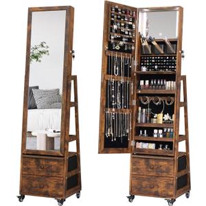 Rotating Jewelry Cabinet with Vanity Mirror,Full Length Mirror with Storage Jewelry Armoire Lockable Jewelry Organizer Standing Mirror with Drawers Wheels Christmas Gift for Girl Rustic Brown