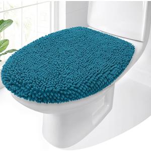 OLANLY Soft Chenille Bathroom Toilet Lid Cover, Machine Washable Seat Covers, 17.5x15, Stays in Place Rubber Backing, Fits Most Round, Elongated and Oblong Lids, Accessories Decor, Peacock Blue