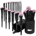Bueart Design 18Pcs Pro Deluxe Fuchsia Pink Black Makeup Brushes Set with Travel Make up Brush Holder case Foundation Concealer Contour Blush Eyeshadow Face Make Up Brush Set