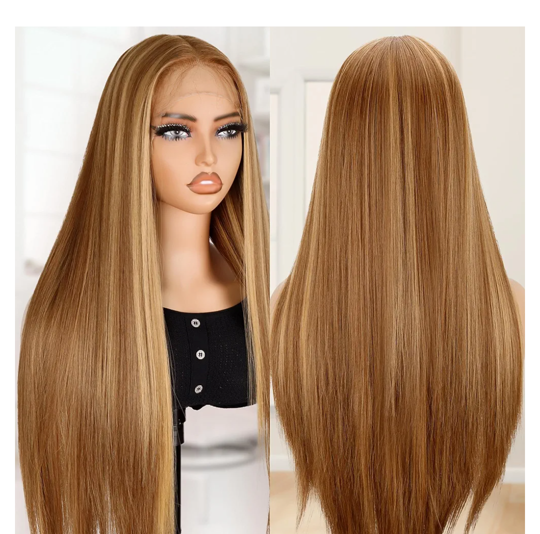 BLL Lace Front Wig Honey Blonde Synthetic Pre-Plucked Highlight Glueless Wigs 30 Inch Straight Hair Wig Ready To Wear (Honey Blonde 4/27, 30 Inch)