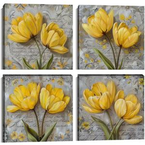 HJY Art Yellow Tulip Wall Art, 4pcs Framed Canvas Prints, 12x12 inches, Rustic Floral Theme, Multi-room Wall Decor (Yellow gray and black)