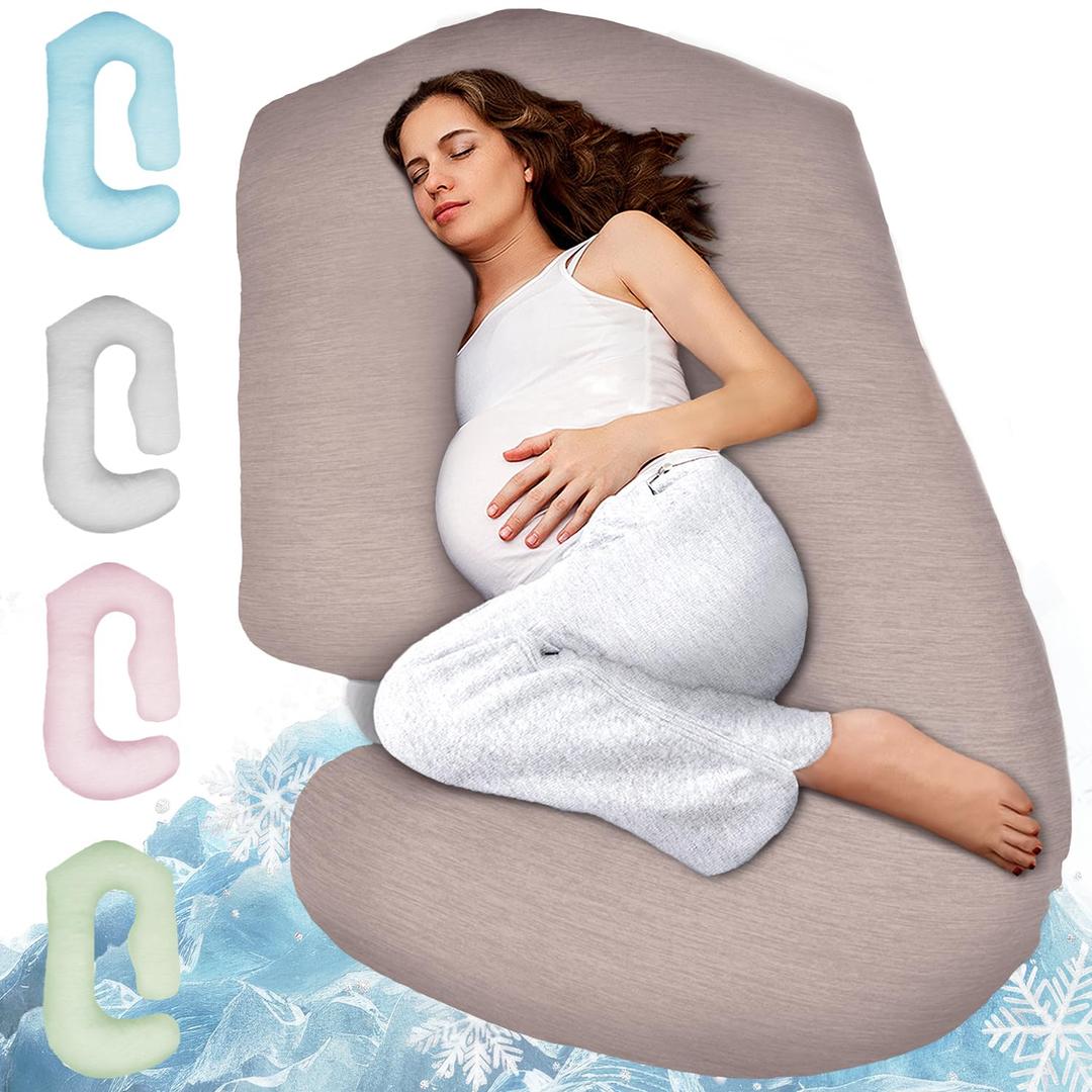 PILLANI Pregnancy Pillows for Sleeping - V C U Shaped Full Body Pillow with Removable Cover, 57inch Cooling Maternity Pillow for Pregnant Women, Support for Back Belly Legs Hip - Pregnancy Must Haves, Cooling Beige