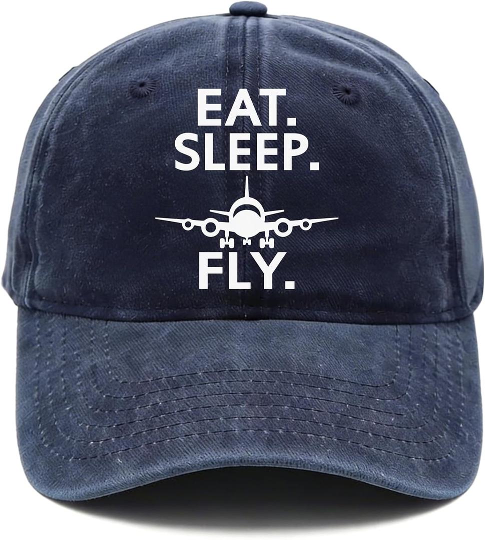 Pilot Gifts for Men, Aviation Gift for Aviator Attendant Aeronautics Aeronautical Student- Vintage Washed Hat for Birthday Christmas Graduation - Eat Sleep Fly - Adjustable Baseball Cap