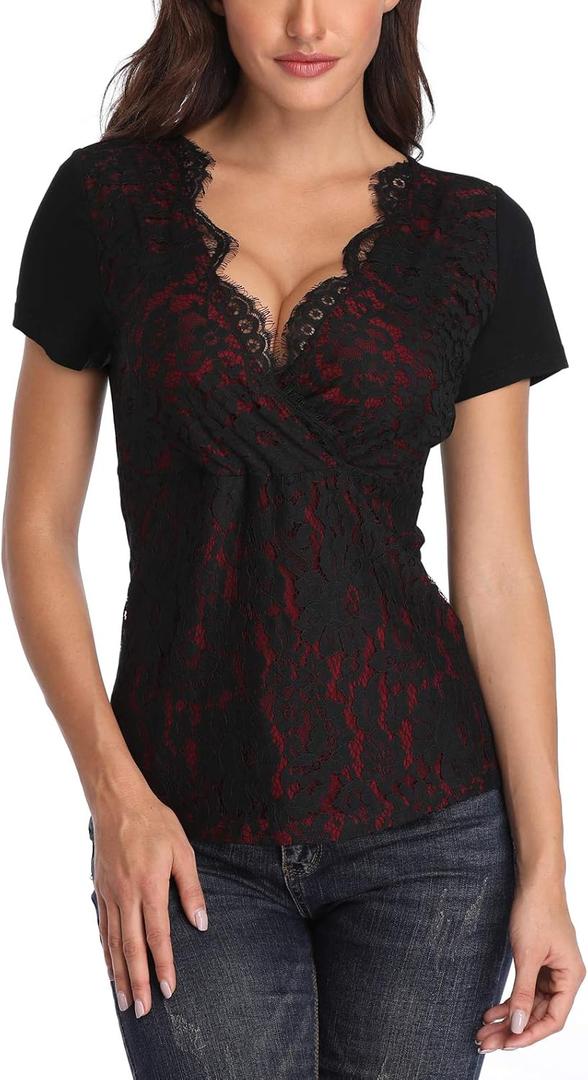 MISS MOLY Women's Scallop V Neck Sexy Sleeveless Lace Tank Top Elegant Slim Fit Summer Tops Blouse Shirts (Medium, #2-burgundy)