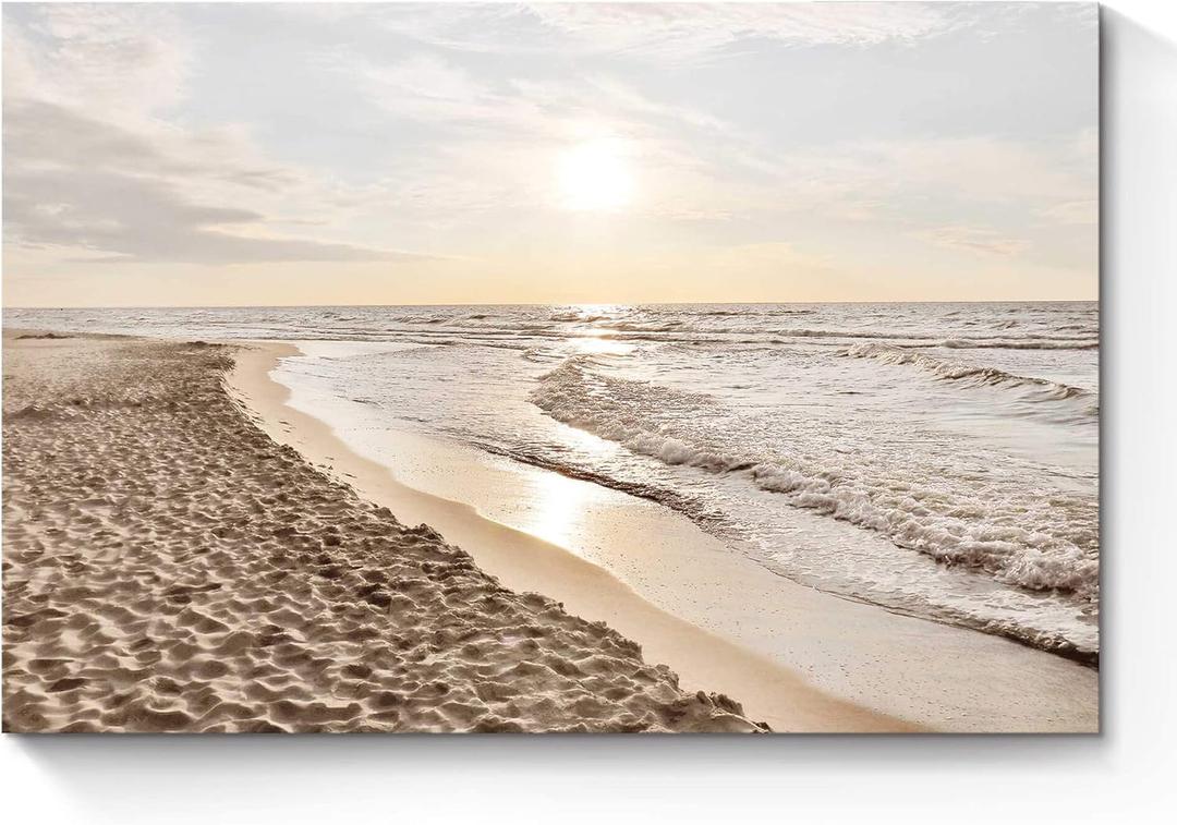 Sunset Beach Picture Wall Art: Sea Waves Canvas Painting Contemporary Ocean Scenery Coastal Artwork Tropical Nature Sands Seaside Seacape Prints for Modern Bathroom Living Room Bedroom (24"L x 16"W)