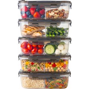Compartmentalized Plastic Airtight Food Storage Containers with Vented Lids, 3-Compartment Design, BPA-Free, 5-Pack (5.5 Cups Each) for Meal Prep and Portion Control
