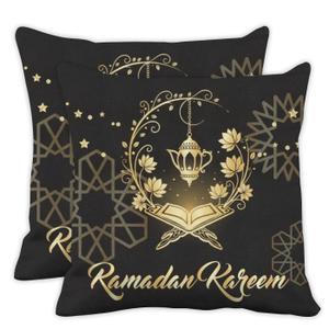 ramadan pillow covers 18x18 in black and gold throw pillow covers set of 2 geometric religious Quran throw pillows cover gift Islamic lantern Eight-Pointed Star moon pillows cover Glitter pillowcover