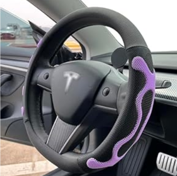 PINCTROT Comfy Grip Steering Wheel Cover for Tesla Model Y/3 2016-2025 2026 Standard/Highland/Juniper, D Shaped 14 Inch Small Sized, Flat Bottom with 3D Honeycomb Anti-Slip Design (Comfy Grip Black and Purple)