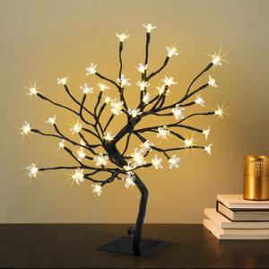 Cherry Blossom Tree Lights,Artificial Bonsai Tree with 48 Warm White LED Lights, 16.2 Inch Prelit Cherry Blossom Lamp for Christmas Party Wedding Gift Home Tabletop Decoration