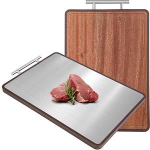 Double-Sided Cutting Board, Ebony Wood & SUS304 Stainless Steel 2-in-1 Kitchen Chopping Board with Juice Groove, Non-Slip Design for Meat, Vegetables, Cheese & Bread