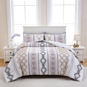 MOVE OVER Tufted Comforter Set King Size Boho Comforter Set 7 Pieces Bed in a Bag King 100% Soft Microfiber Aztec Comforter Set Shabby Chic Farmhouse Style Beige and Gray Fluffy Tufted Bedding Set