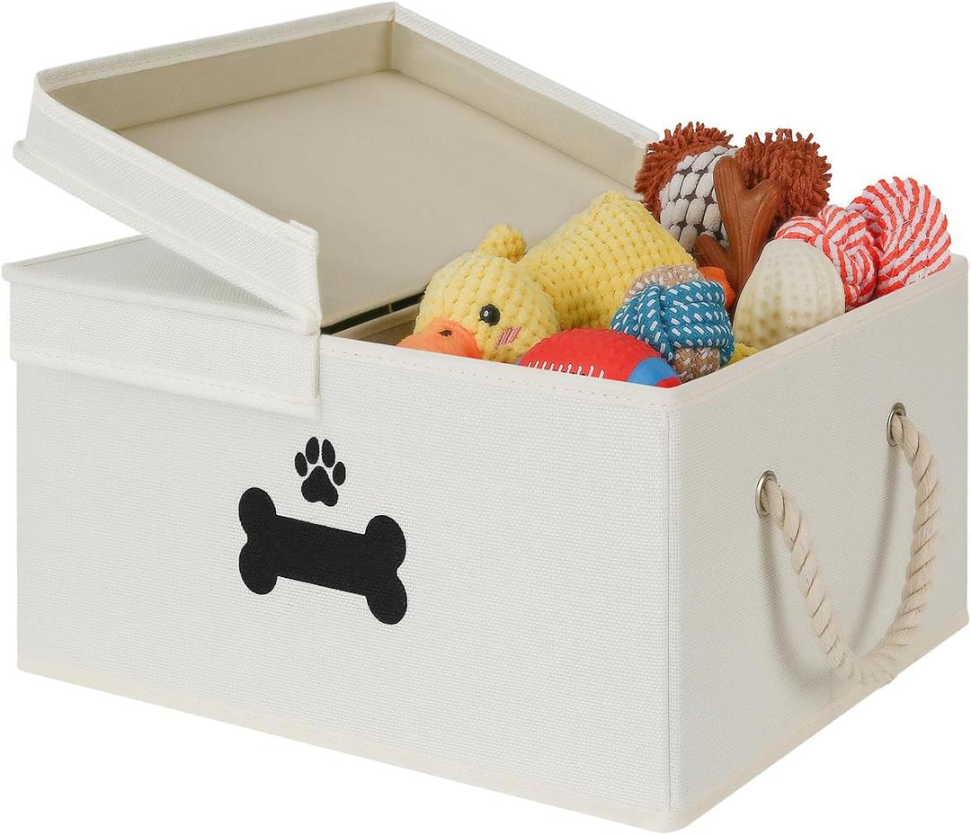 Dog Toy Basket with Double-Open Lid, Divided Dog Basket for Toys, Collapsible Pet Toy Box, Dog Storage Organizer with 2 Divided Area, Puppy Toy Baskets with Rope Handles, Beige