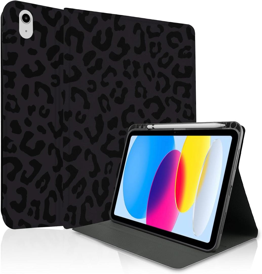 TopPerfekt Case for iPad 11th (A16) 11-inch 2025 / for iPad 10th Generation 10.9-inch 2022, Stand Folio Case Cover with Pencil Holder for Kids, Boys, Girls, Anti-Slip and Anti-Shock - Leopard Black