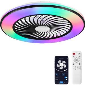2-in-1 Low Profile Ceiling Fan with Light, 24 Caged Safety Design for Kids - RGB Color, Smart APP/Remote Control, Quiet Flush Mount DC Motor, Ideal for Bedroom/Living Room/Kitchen, Black