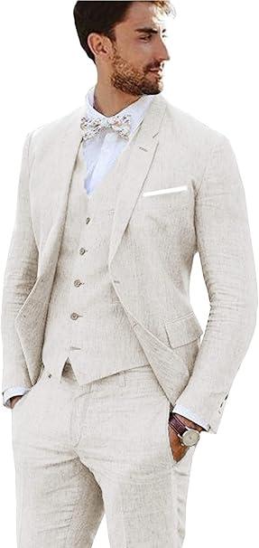 Linen Suit 3 Pieces Vintage Retro Wedding Prom Suits Slim Fit Jacket Blazer Groom Tuxedos, Size XL, Ivory