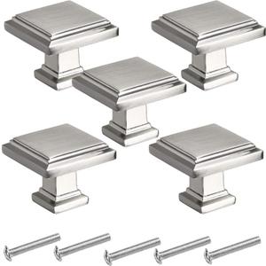 5 Pack Cabinet Knobs Brushed Nickel, Kitchen Cabinet Hardware Square Knobs, Stainless Steel Cabinet Knobs for Dresser Drawers, 1-1/4 inch