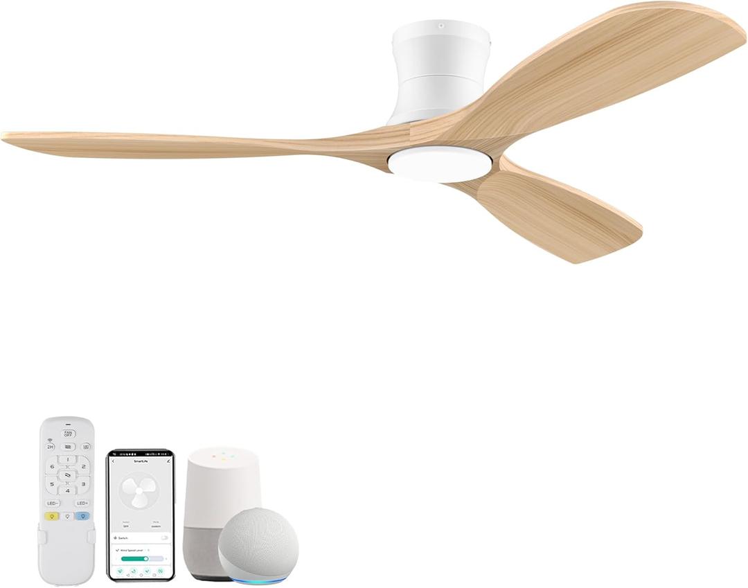Smart 52 Wood Flush Mount Ceiling Fans with Lights and Remote,Quiet DC Motor,Outdoor Indoor Ultra Low Profile Ceiling Fan works with Alexa WIFI APP,Modern White Ceiling Fan for Bedroom Patio