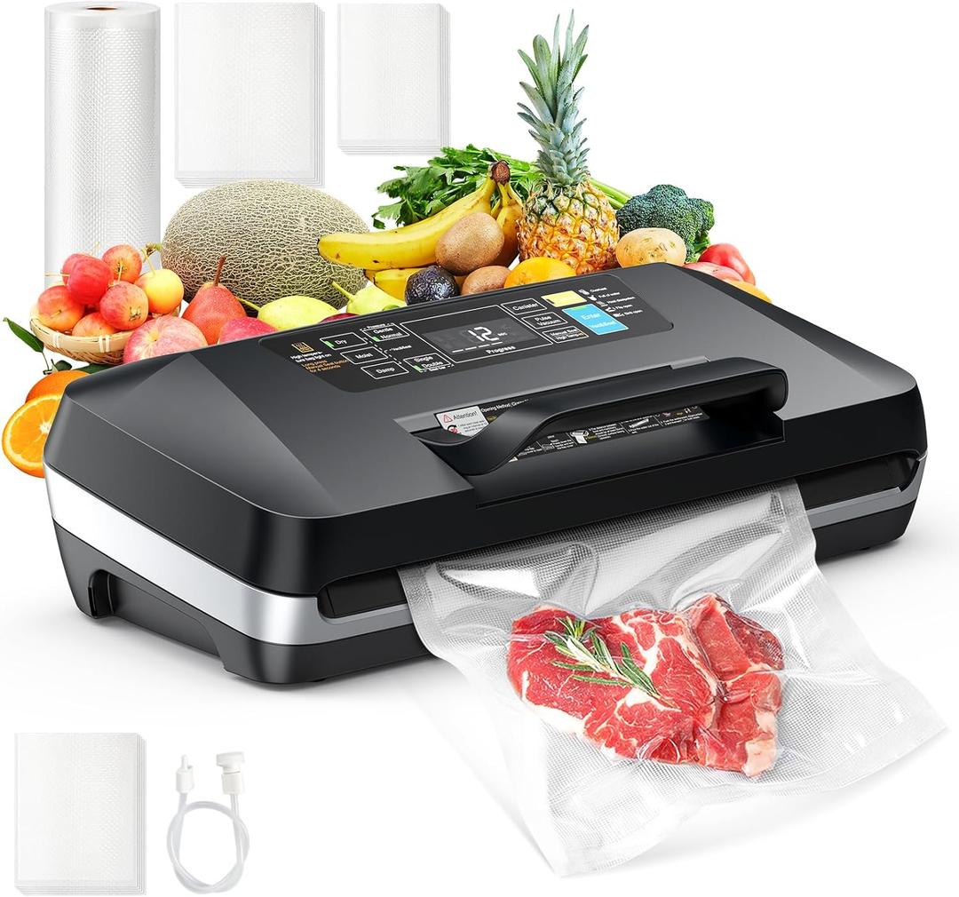 95kpa Vacuum Sealer Machine, Commercial Full Automatic Food Sealer, Powerful Sealing System with Double Heat Seal, Built-in Cutter & Bags Storage,1 Bag Rolls and 10 pcs Pre-cut Bags (Black)