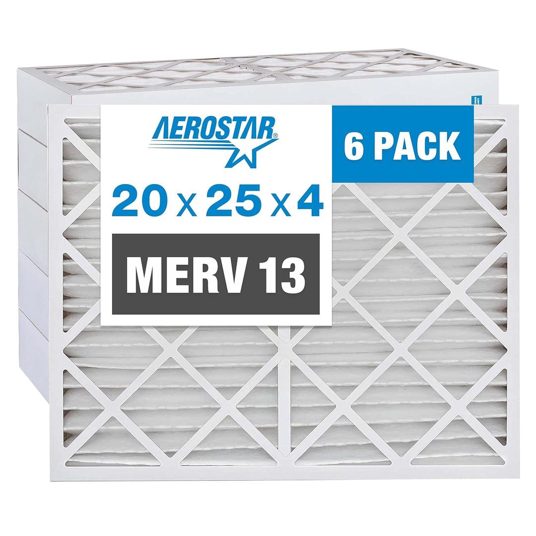 Aerostar 20x25x4 Air Filter MERV 13 (For Allergies, Dust, Lint, Mold, Pet Dander, Smoke, Smog & Bacteria) - Electrostatic MPR 1500 - 1900 & FPR 10 - Pleated AC Furnace Air Filters - Pack of 6