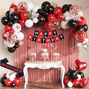 Red Birthday Decorations, Red and Black Party Decorations with Happy Birthday Banner, Sash, Confetti Star Foil Balloons, White and Black Balloons Arch, Cake Topper for Women Girls Party Supplies