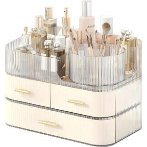 DASITON Makeup Organizer with Drawers and Rotating Makeup Brush Holder,Large Capacity Stackable Cosmetic Organizer Countertop,Bathroom Organizers and Storage,Make up Organizers for Vanity (Cream 03)