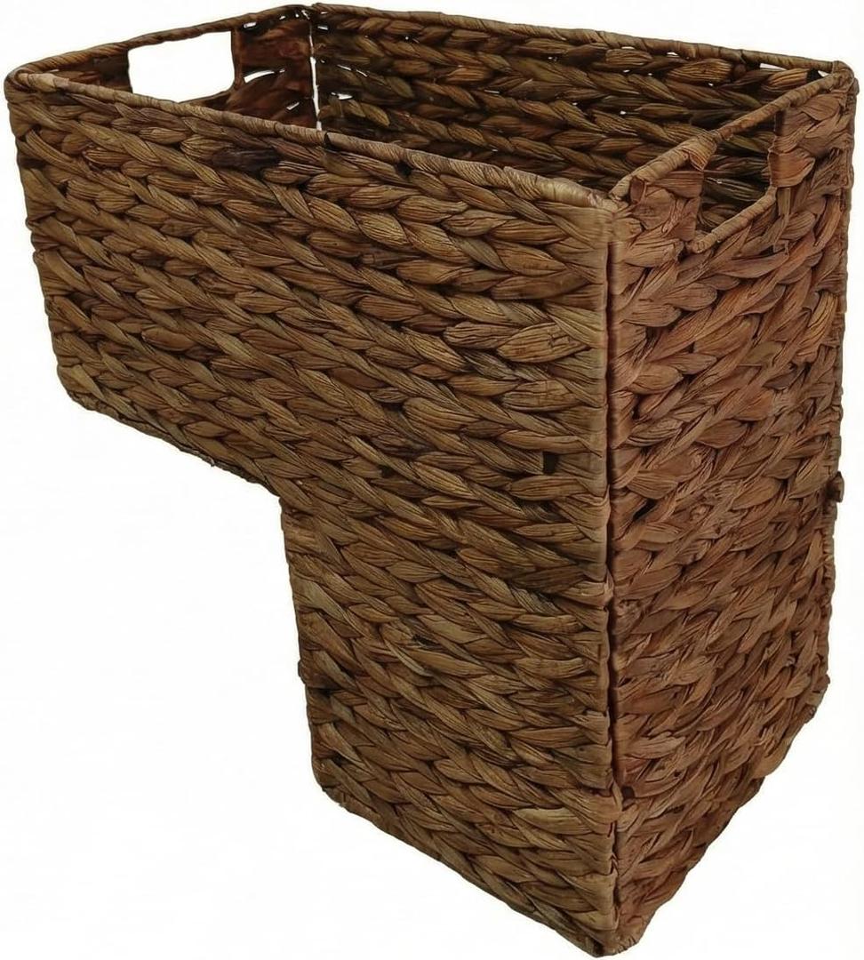 Woven Stair Baskets with Cut Out Handles - Natural Water Hyacinth Storage Organizer Bin for Wooden & Carpeted Stairs, Home Clutter Reducing Shelf Decor (Dark brown)