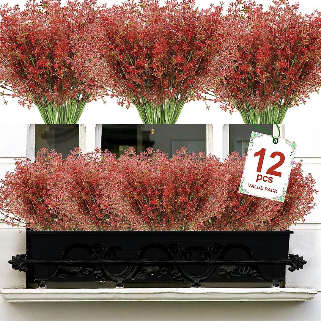 Artificial Plants, 12 Bundles Outdoor Fake Plants Spring Summer UV Resistant Faux Greenery Shrubs Indoor Outside Porch Garden Patio Window Box Decor (Red)