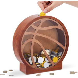 Wooden Basketball Piggy Bank for Kids Clear Piggy Bank with Transparent Window Cute Coin Box for Boy Girl Unbreakable Toddler Money Box for Birthday Sport Party Gift, 8.7 x 8.7 x 2.4 Inches
