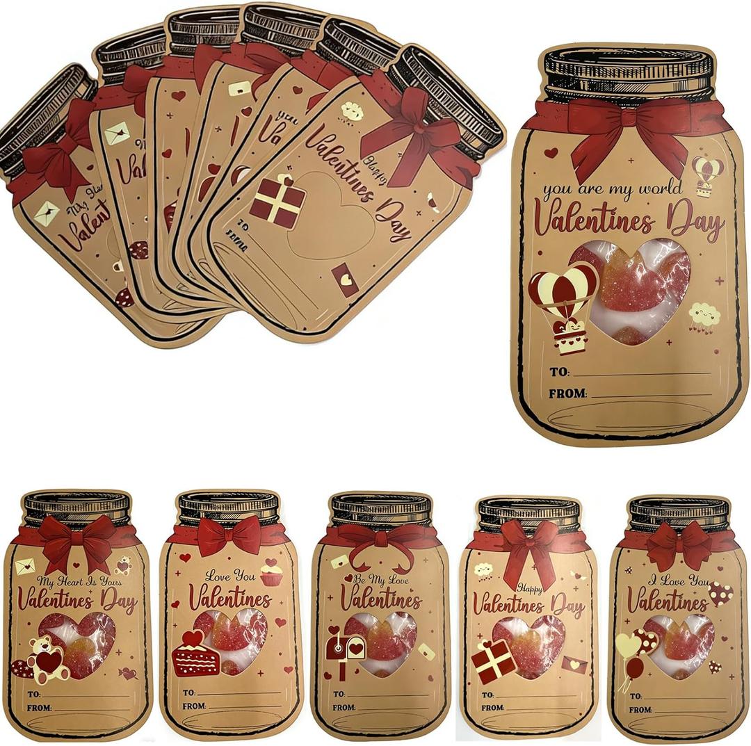 Valentines Day Cards Mason Jar Happy Valentines Cards Gifts for Party Favors (Candy Not Included) 50 Pack