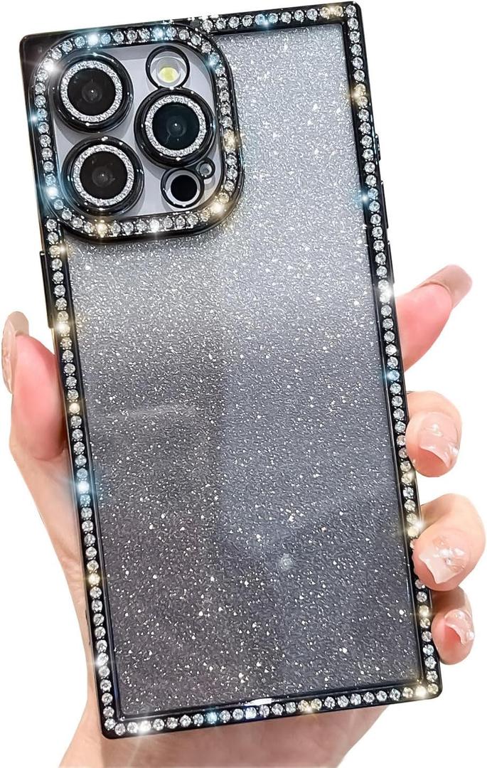Cute Compatible with iPhone 14 Pro Max Case Rectangle Edge for Women,Luxury Glitter Case with Bling Rhinestones Sparkle Slim Camera Protective 14 Pro Max Case - 6.7 inch (Black)