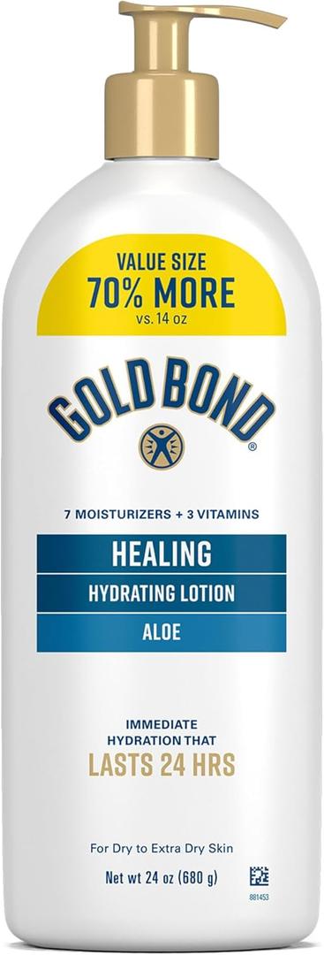 Gold Bond Healing Hydrating Body Lotion with Aloe, Moisturizer for Dry to Extra Dry Skin, 24-HR Hydration to Soothe & Comfort, Non-Greasy, Dermatologist-Tested, Light Scent, 24 Oz Family Size Pump (24 Fl Oz (Pack of 1))