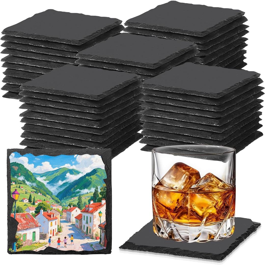 60 PCS Slate Coasters Black Square 4 Inch Bulk Rock, Blank Laser Engraving, Scratch Resistant Bottom, Home Office Kitchen Gift Wedding Bar Party Square Coasters