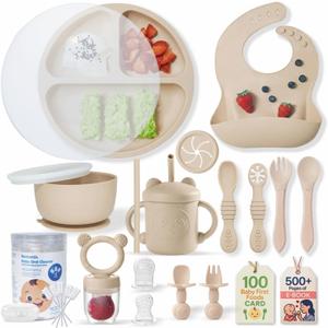 Remonda 23-Piece BPA-Free Silicone Baby Feeding Set | Extra Large Suction Plates, Toddler Bowls, Self Feeding Spoons, and More | Dishwasher Safe| Baby Led Weaning Supplies (Beige) A1