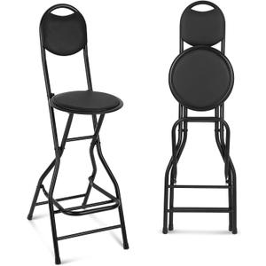 Sintuff 1 Pcs Seat Height 26 Inch Folding Bar Stool with Backrest Leather Padded Collapsible Stools for Adults Portable Black Bar Height Folding Chairs for Outdoor Indoor Kitchen Shop Cafe, One Size