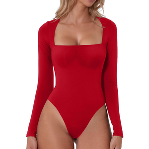 QINSEN Women's Sexy Square Neck Bodysuit Long Sleeve Double Lined Shirt Tops XL