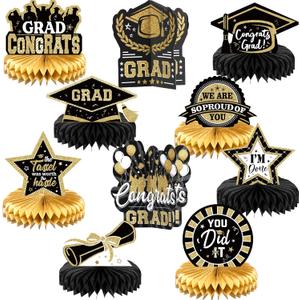 Yisong 10 Pcs Graduation Party Decorations Class of 2025 Congrats Grad Honeycomb Centerpieces Congratulate Graduation Table Toppers for Party Supplies(Gold, Black)