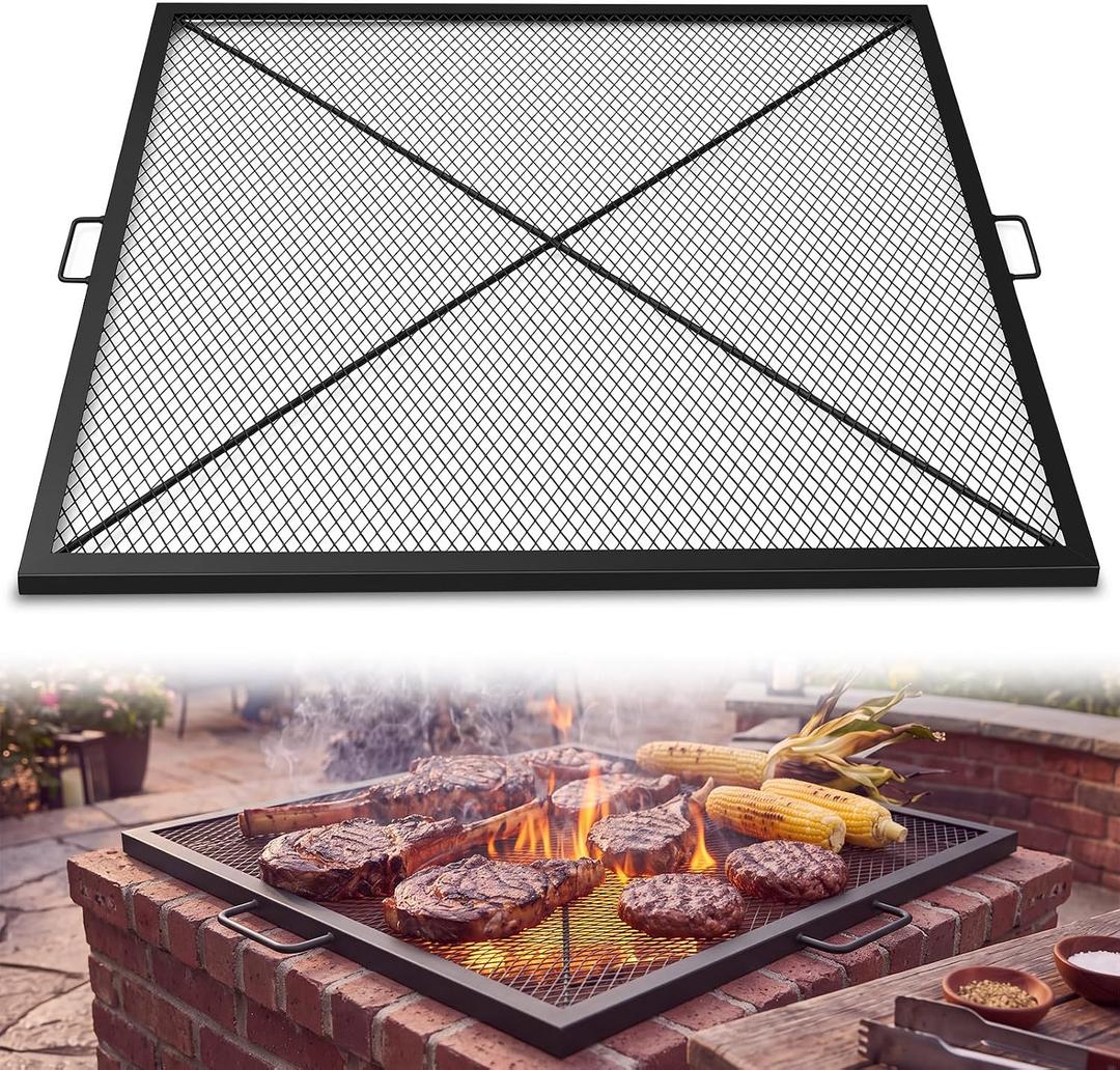 40 Inch Square Fire Pit Grill Grate with Handles, Heavy Duty Campfire Cooking Grate for Fire Pit, Steel BBQ Grill Grid for Outdoor, Camping