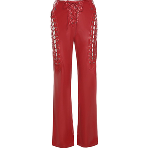 Women's PU Leather Pants Stretch High Waisted Lace Up Drawstring Hollow Out Trousers Gothic Punk Y2k Trousers, XL