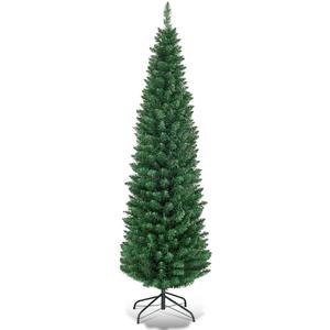 5FT Pencil Christmas Tree, Slim Skinny Hinged Pine Tree with PVC Material, 220 Branch Tips, Solid Metal Legs, Unlit Artificial Xmas Tree for Home, Holiday, Hotels, Outdoor Decoration, Green